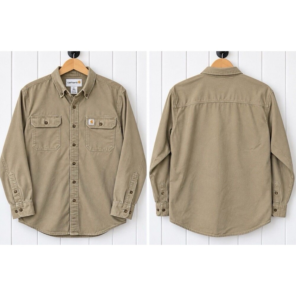 Carhartt 100113 Men's XL Tall Khaki Canvas Work Shirt Original Fit Logo Pockets